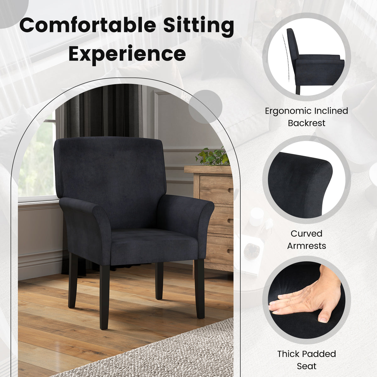 Fabric/Velvet Waiting Room Chair with Padded Armrests-Black