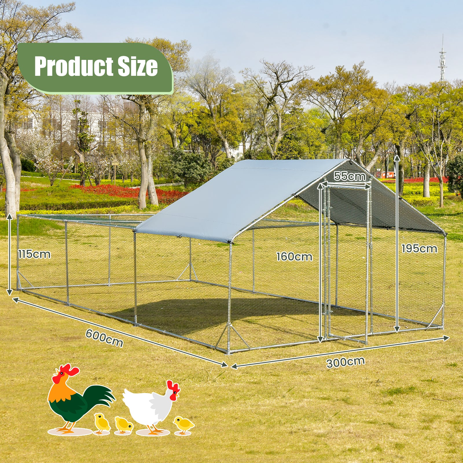 Large Metal Walk-in Chicken Coop with Waterproof and Sun-proof Cover