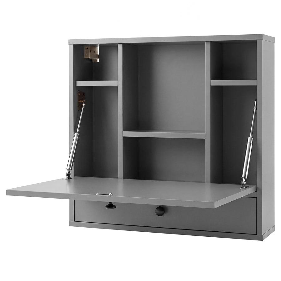 Wall-Mounted Fold-Down Desk Floating Computer Workstation with Drawer and 6 Cubes-Grey