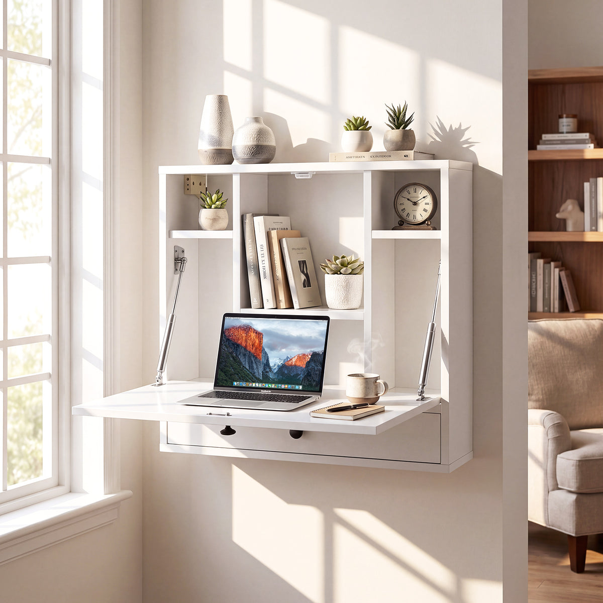 Wall-Mounted Fold-Down Desk Floating Computer Workstation with Drawer and 6 Cubes-White