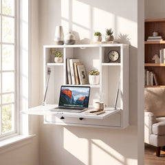 Wall-Mounted Fold-Down Desk Floating Computer Workstation with Drawer and 6 Cubes-White