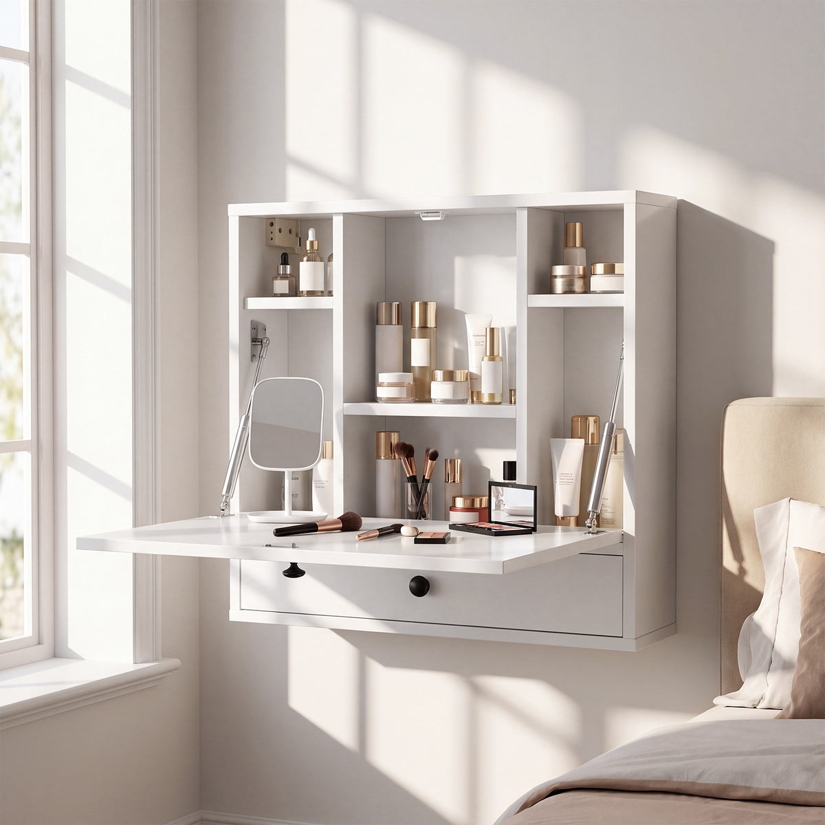 Wall-Mounted Fold-Down Desk Floating Computer Workstation with Drawer and 6 Cubes-White