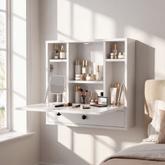 Wall-Mounted Fold-Down Desk Floating Computer Workstation with Drawer and 6 Cubes-White