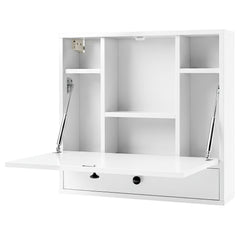Wall-Mounted Fold-Down Desk Floating Computer Workstation with Drawer and 6 Cubes-White
