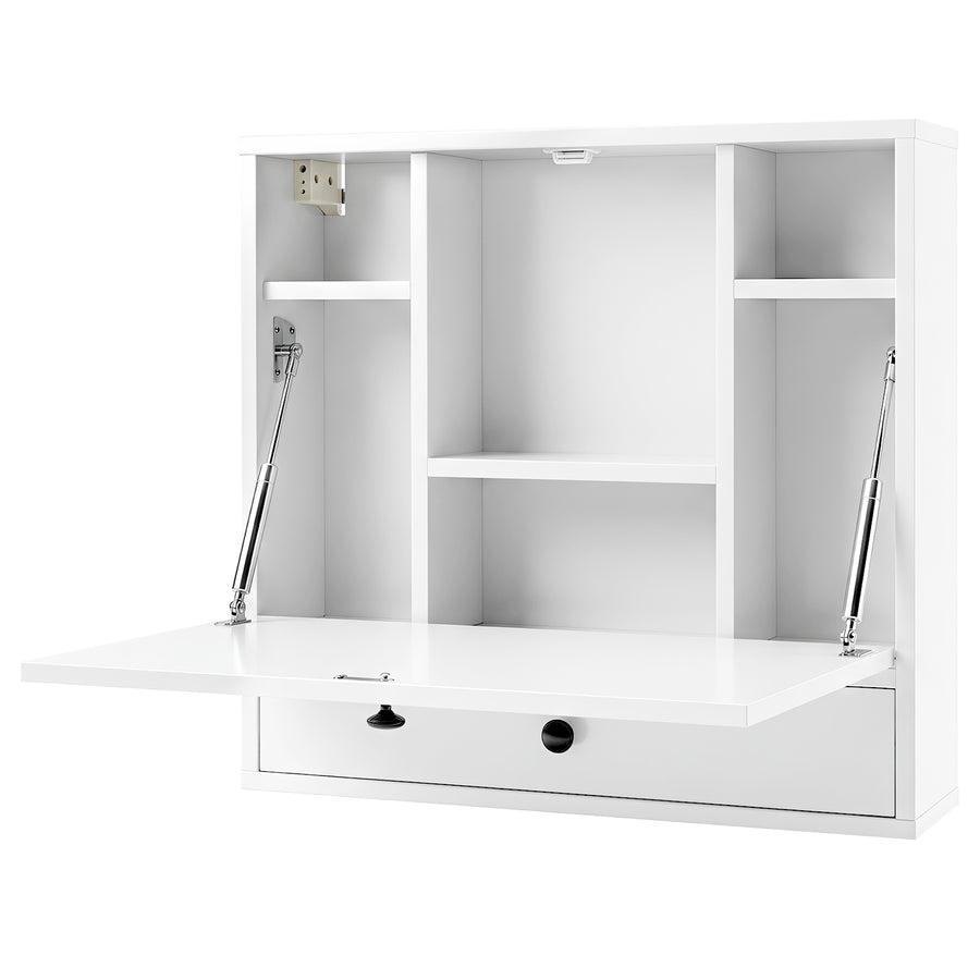 Wall-Mounted Fold-Down Desk Floating Computer Workstation with Drawer and 6 Cubes-White