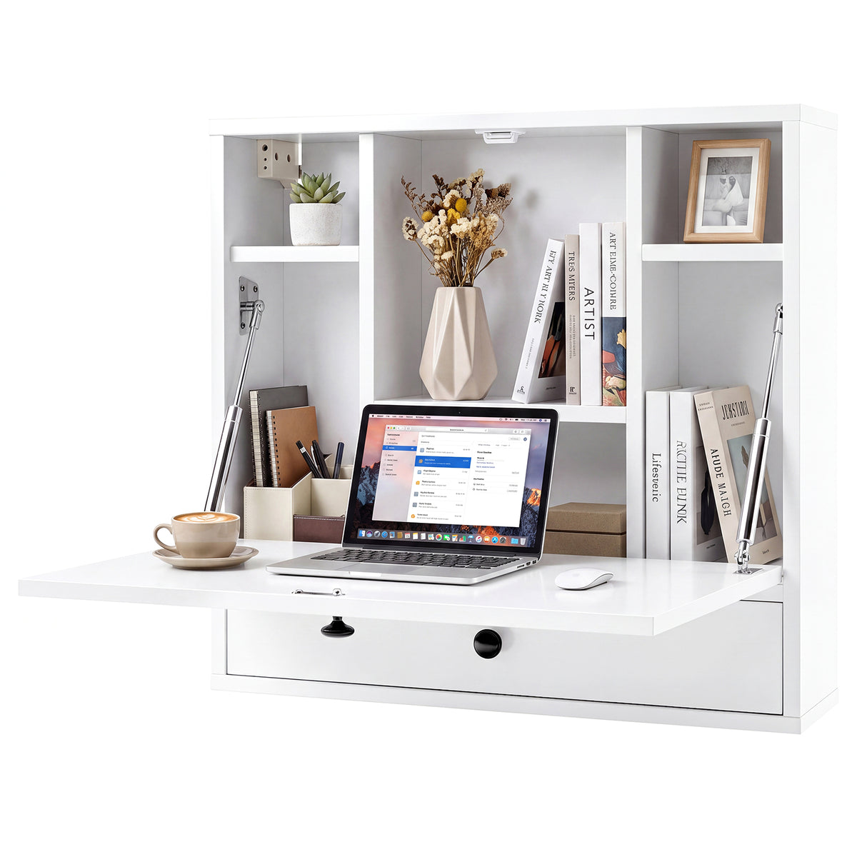 Wall-Mounted Fold-Down Desk Floating Computer Workstation with Drawer and 6 Cubes-White