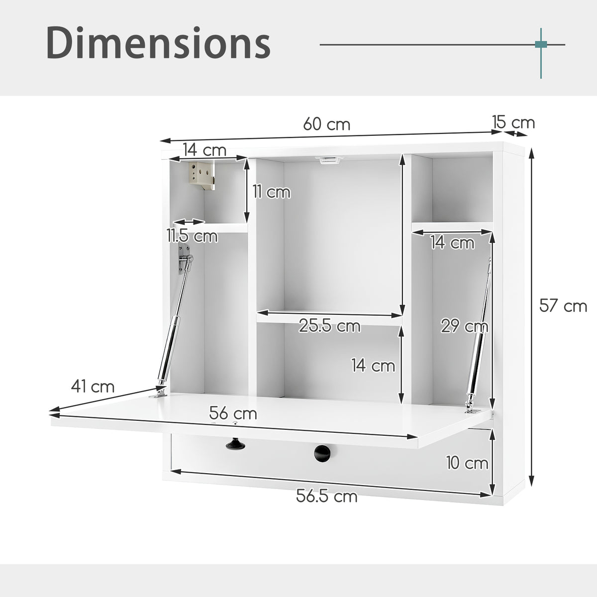 Wall-Mounted Fold-Down Desk Floating Computer Workstation with Drawer and 6 Cubes-White