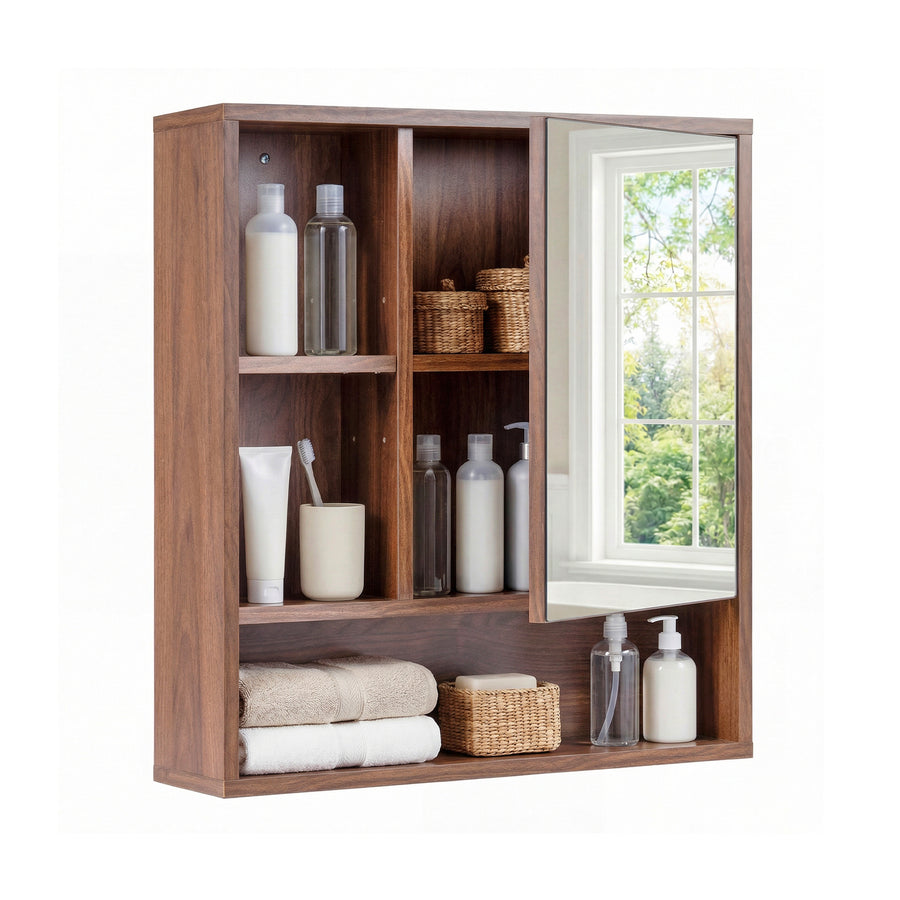 Wall Mounted Storage Organizer with Mirror for Bathroom-Brown
