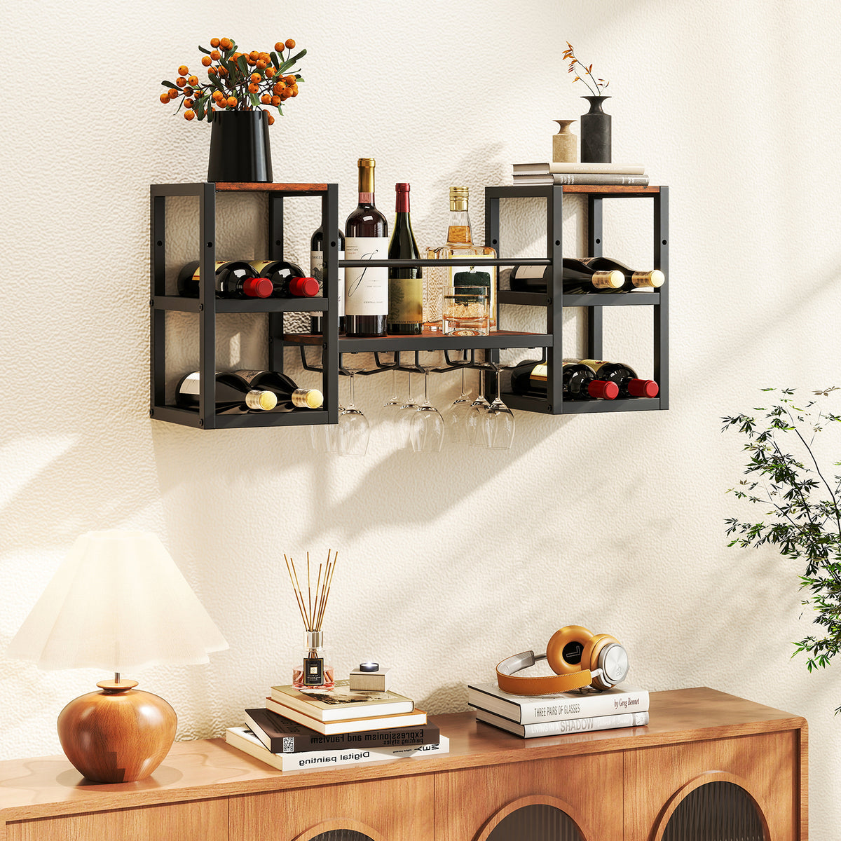 Wall Mounted Wine Rack with Glass Holder, Wine Bottles Open Shelves-Rustic Brown