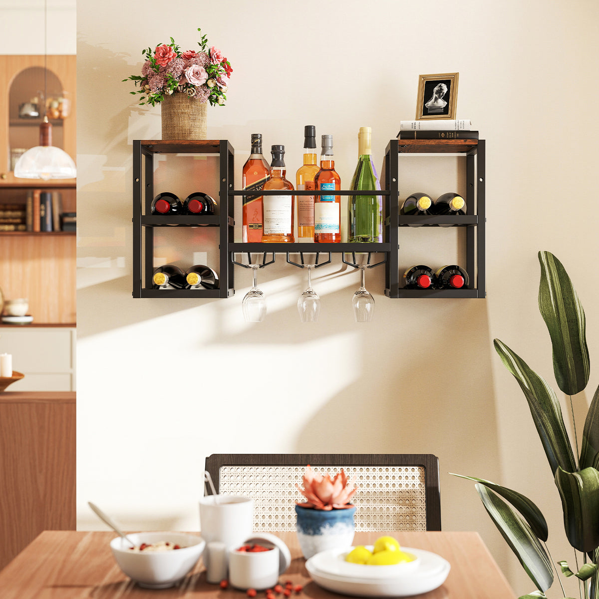 Wall Mounted Wine Rack with Glass Holder, Wine Bottles Open Shelves-Rustic Brown