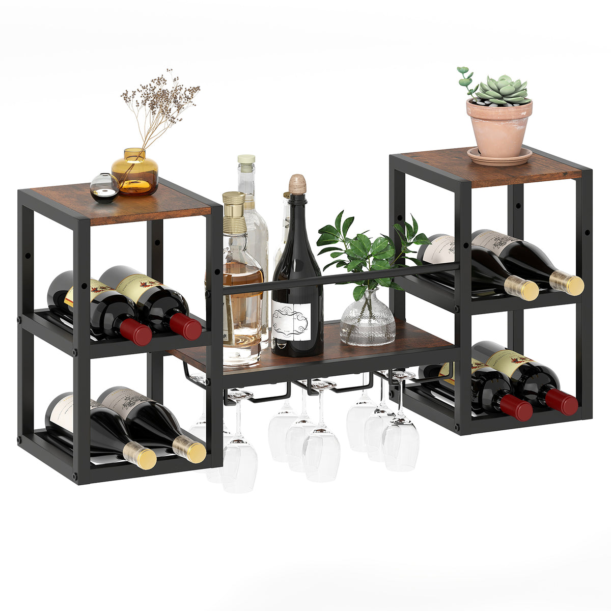 Wall Mounted Wine Rack with Glass Holder, Wine Bottles Open Shelves-Rustic Brown