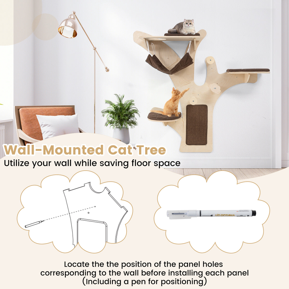Wall-Mounted Cat Tower Furniture with Scratching Posts-Brown