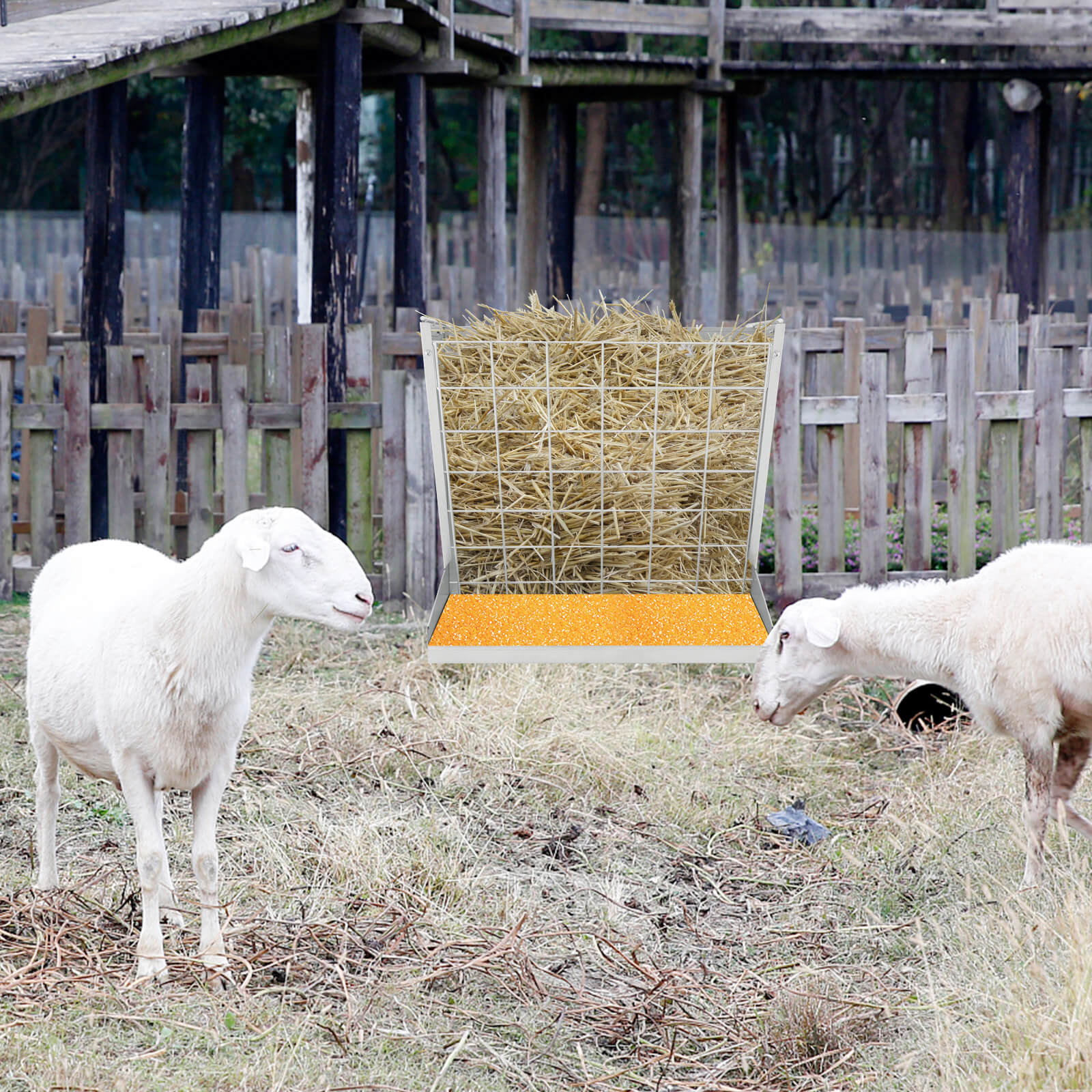 Wall-Mounted Hay Rack with Trough 2-in-1 Feeder with Adjustable Hooks-Silver