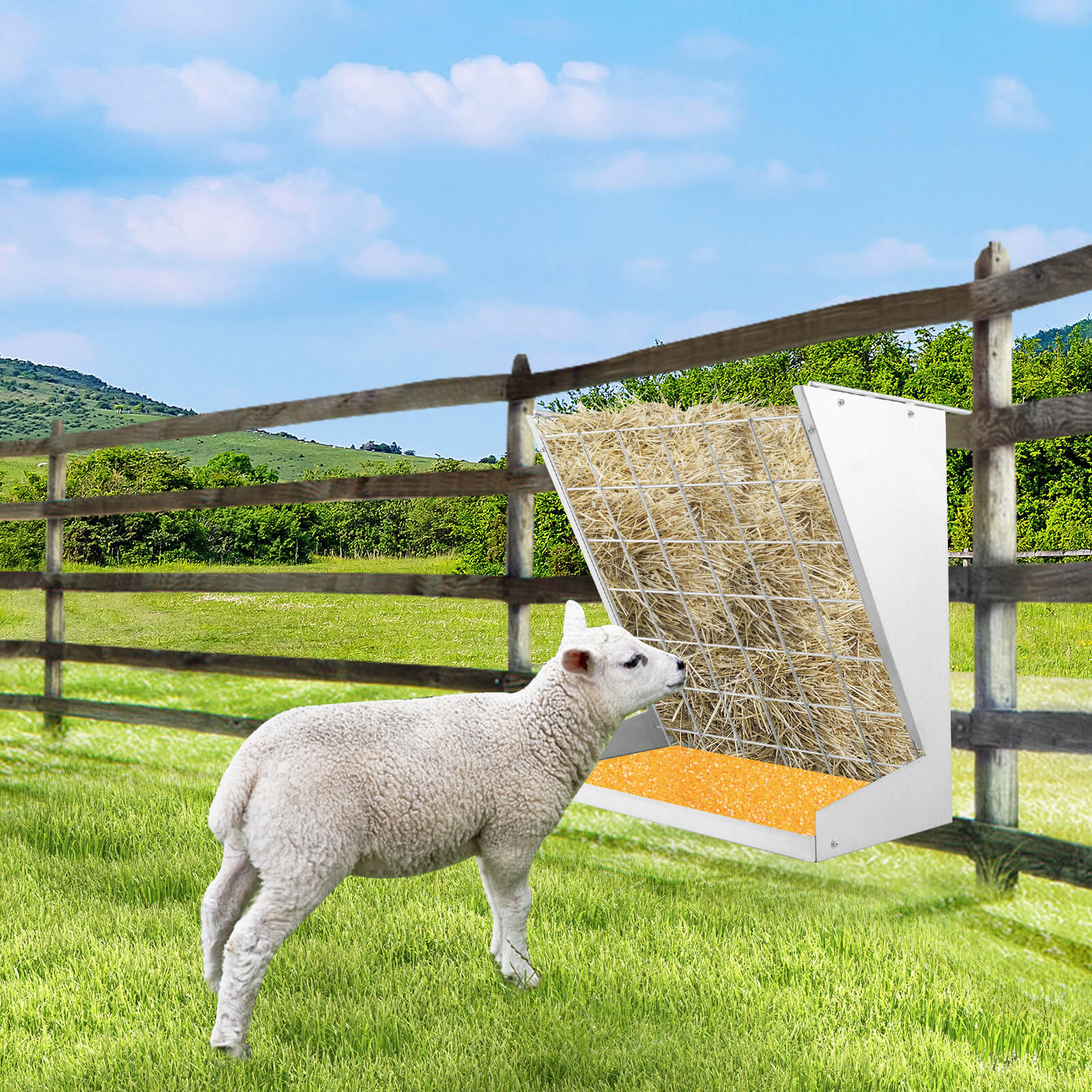 Wall-Mounted Hay Rack with Trough 2-in-1 Feeder with Adjustable Hooks-Silver