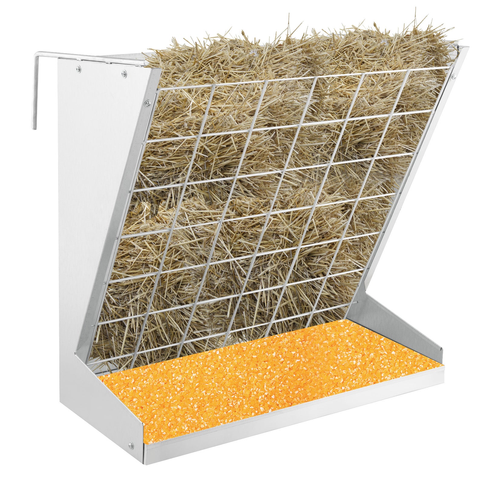 Wall-Mounted Hay Rack with Trough 2-in-1 Feeder with Adjustable Hooks-Silver