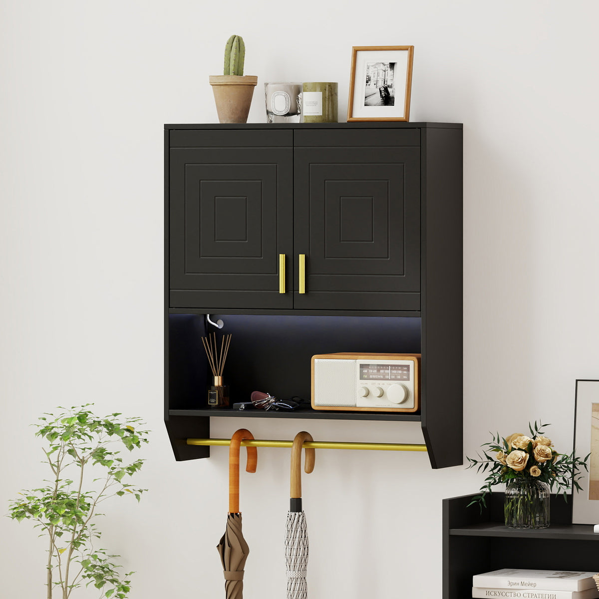 Wall Mounted Bathroom Cabinet Over the Toilet Storage Cabinet with 3-Color Lights-Black