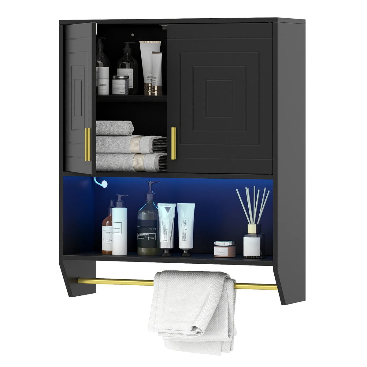 Wall Mounted Bathroom Cabinet Over the Toilet Storage Cabinet with 3-Color Lights-Black