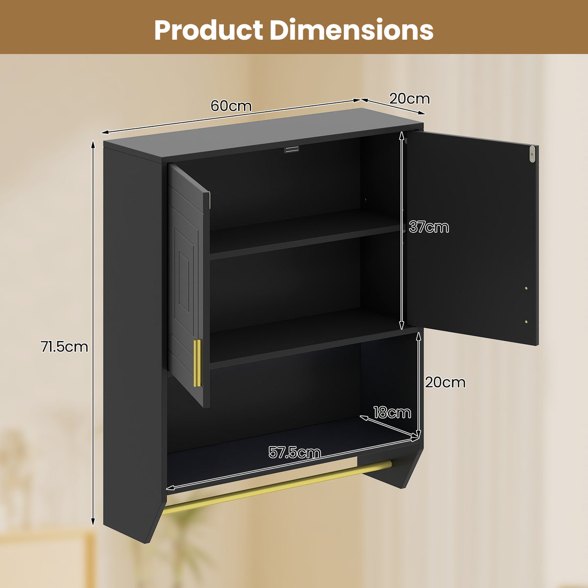 Wall Mounted Bathroom Cabinet Over the Toilet Storage Cabinet with 3-Color Lights-Black