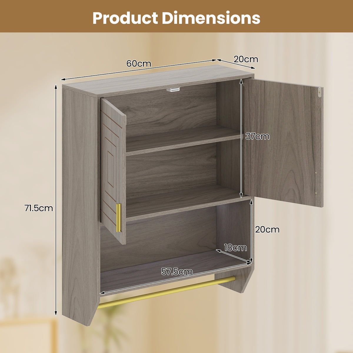 Wall Mounted Bathroom Cabinet Over the Toilet Storage Cabinet with 3-Color Lights-Grey
