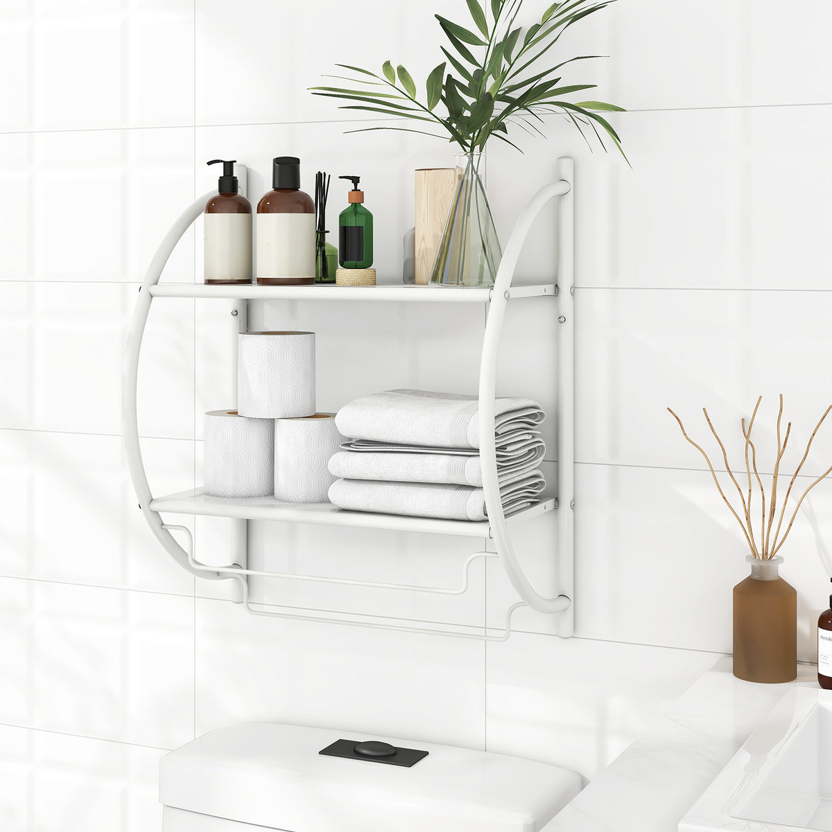 Wall Mounted Bathroom Shelves with Towel Holder-White