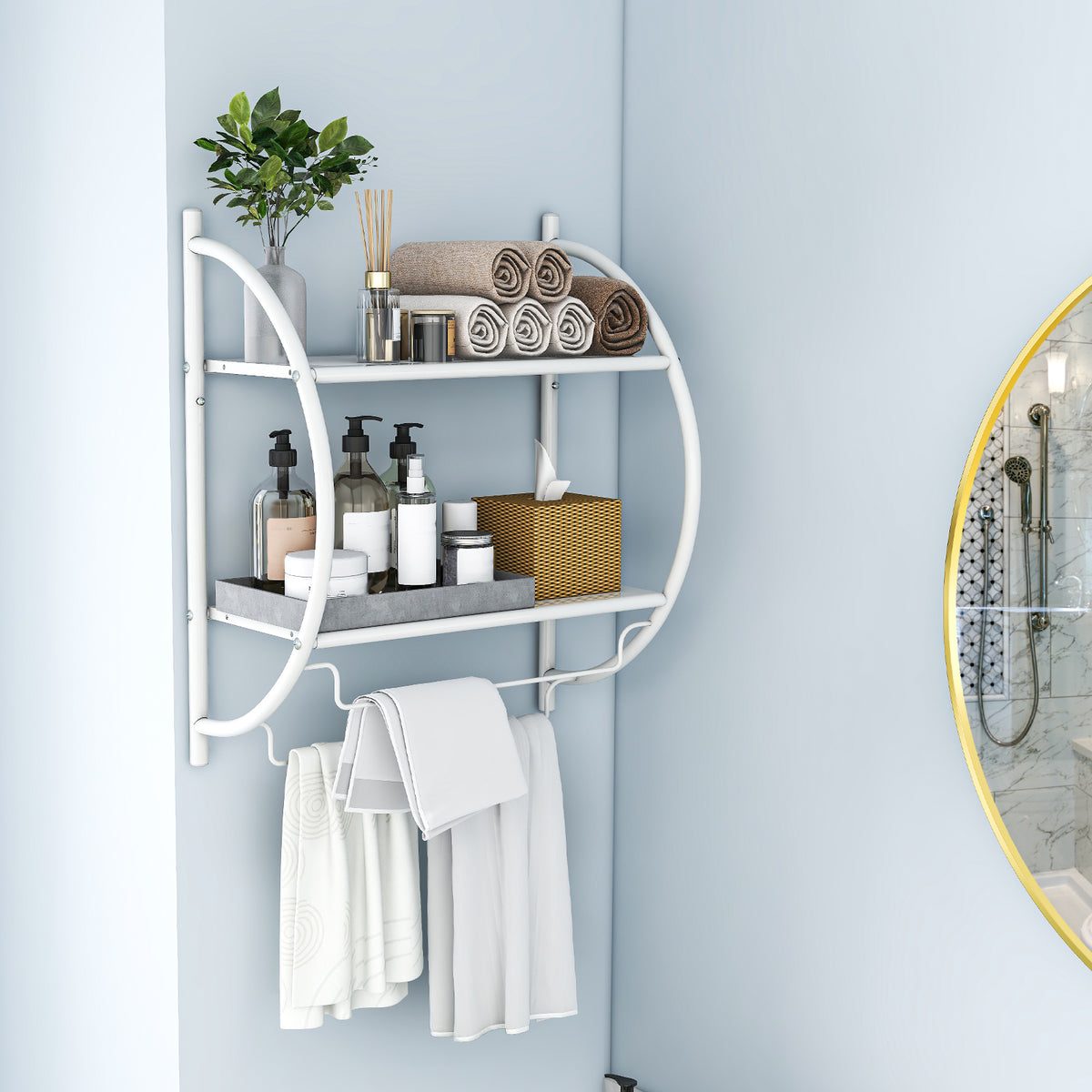 Wall Mounted Bathroom Shelves with Towel Holder-White
