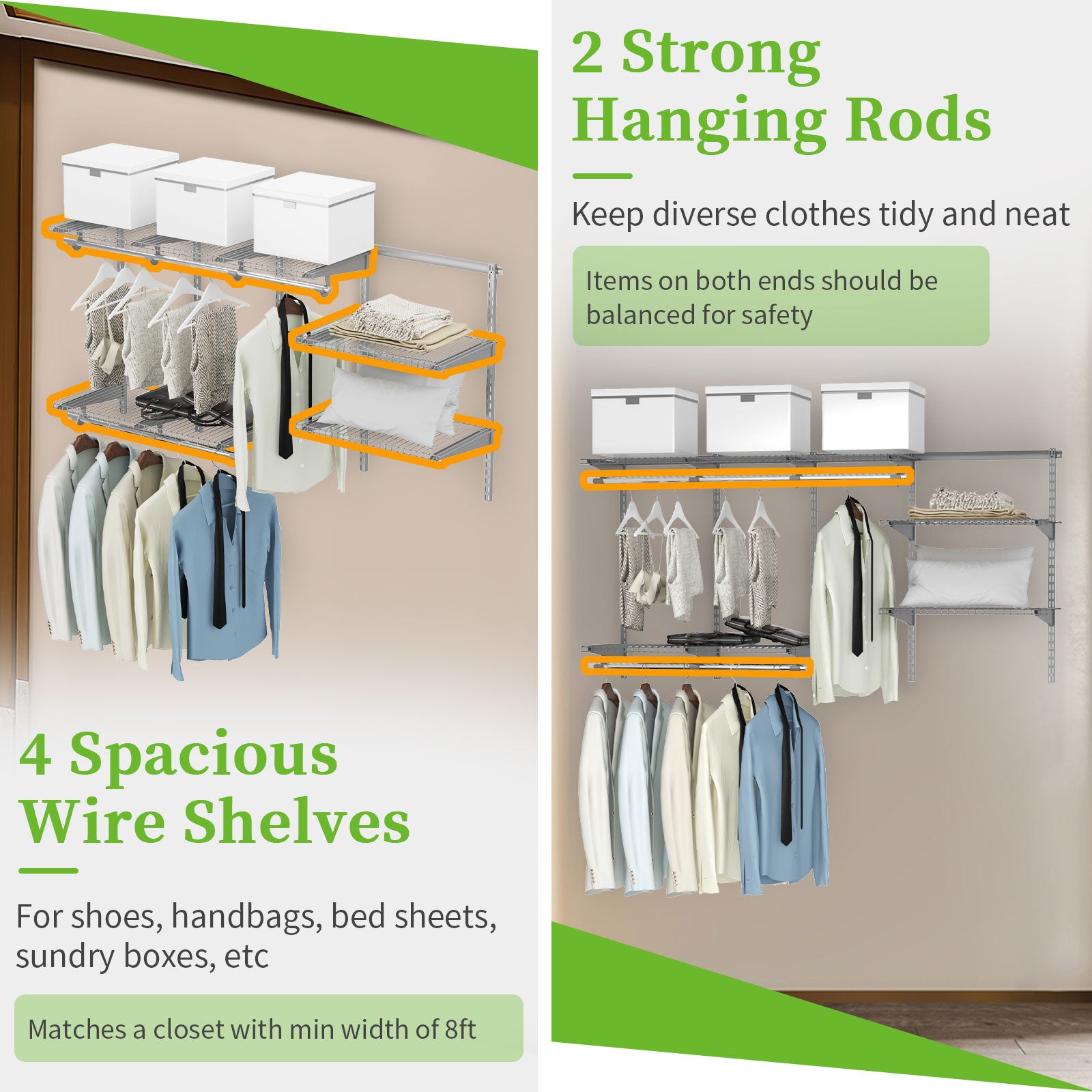 Wall-Mounted Closet Organizer System with Wire Shelving and Cloth Rods-Grey