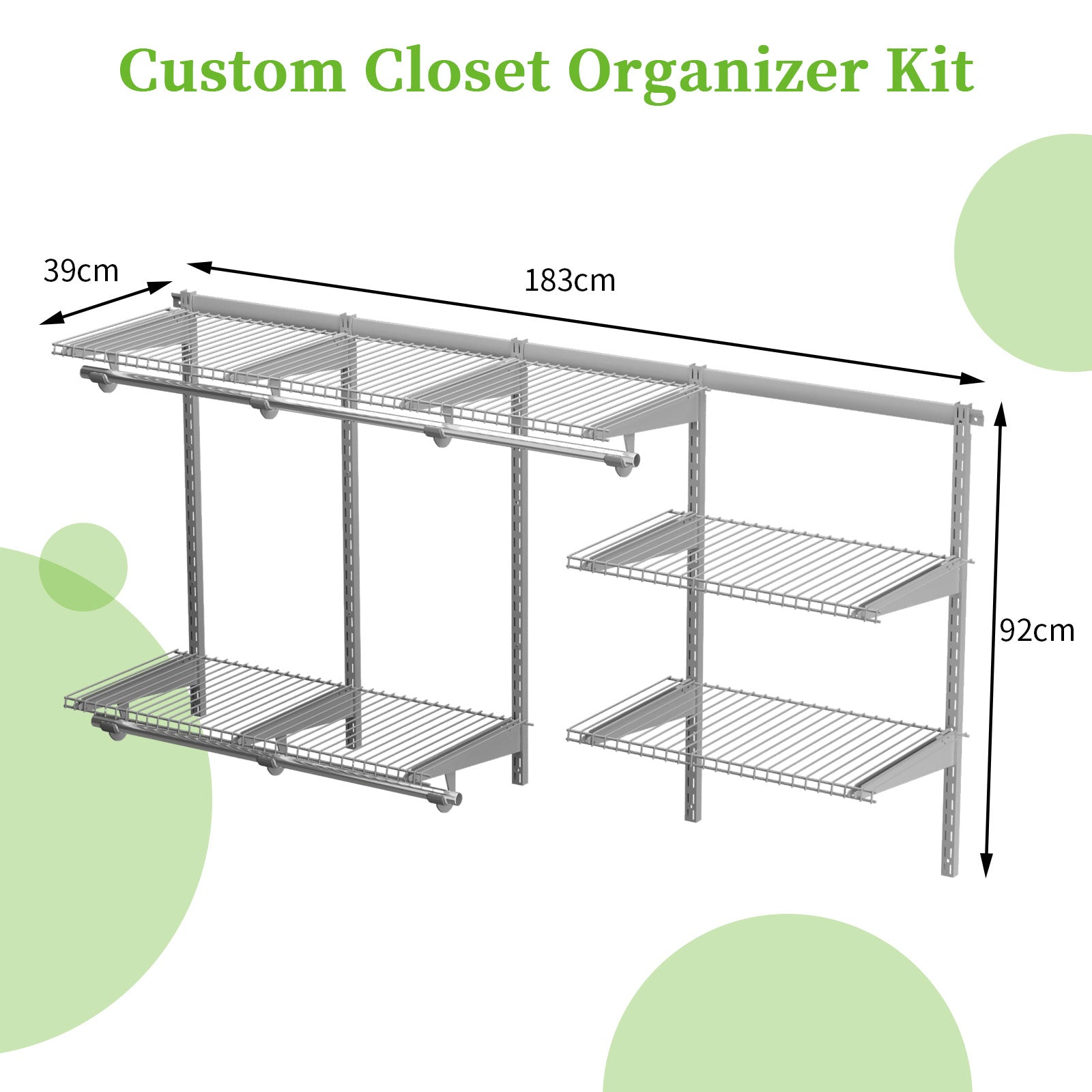 Wall-Mounted Closet Organizer System with Wire Shelving and Cloth Rods-Grey