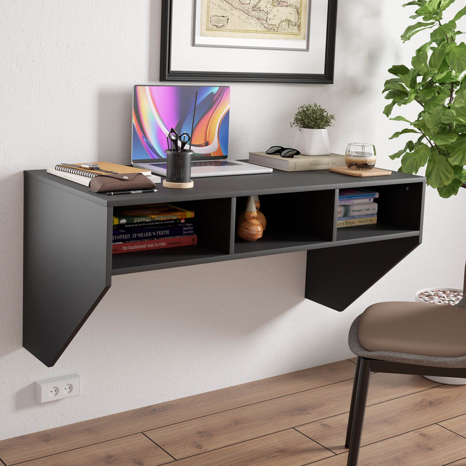 Wall Mounted Computer Desk with 3 Storage Compartments-Black