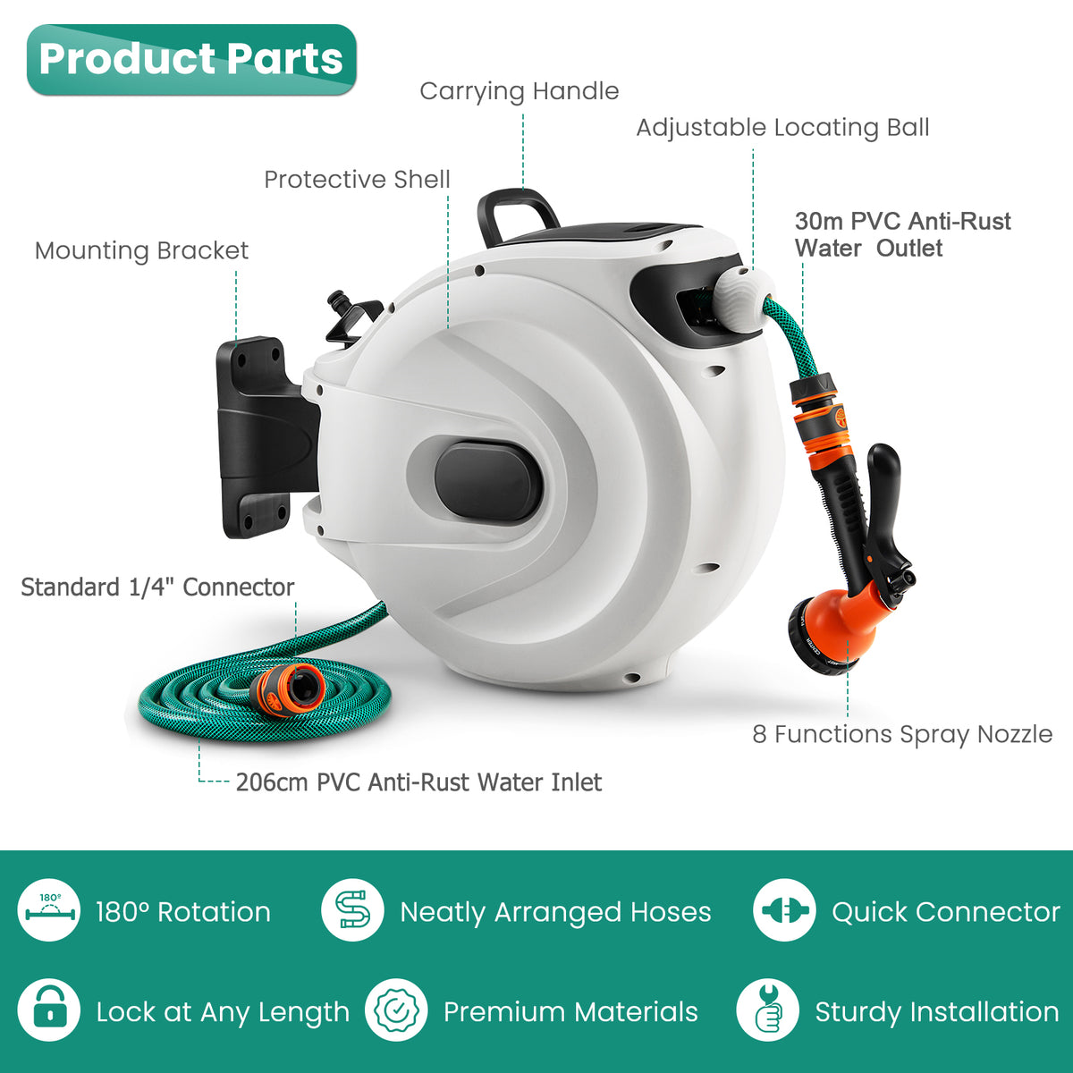 Wall Mounted Hose Reel Retractable Auto Rewind Watering-30+2M