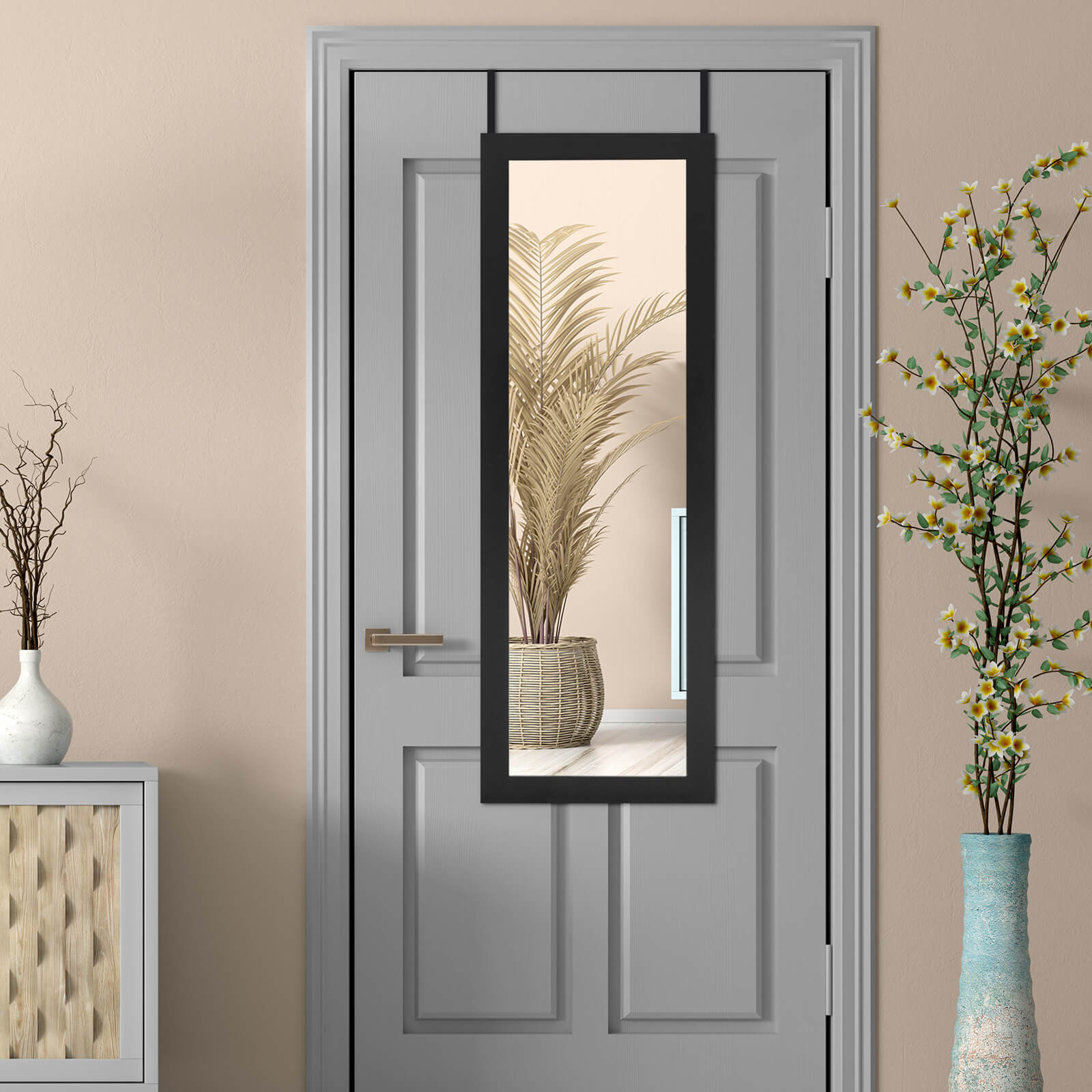 Wall Mounted Jewelry Armoire with Built-in Mirror and 3 Shelves -Black