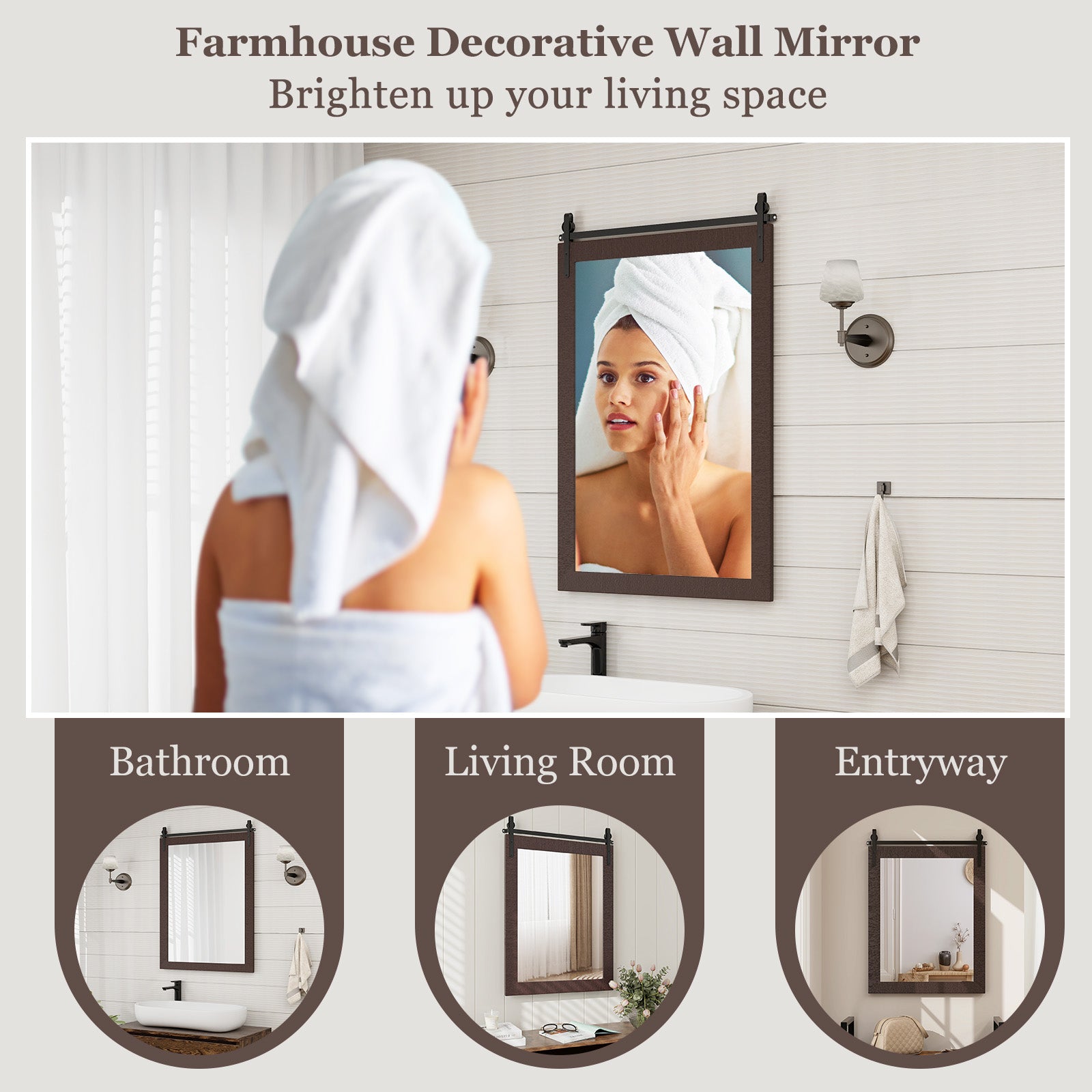 Wall Mounted Mirror with Solid Wood Frame and Metal Bracket-Walnut