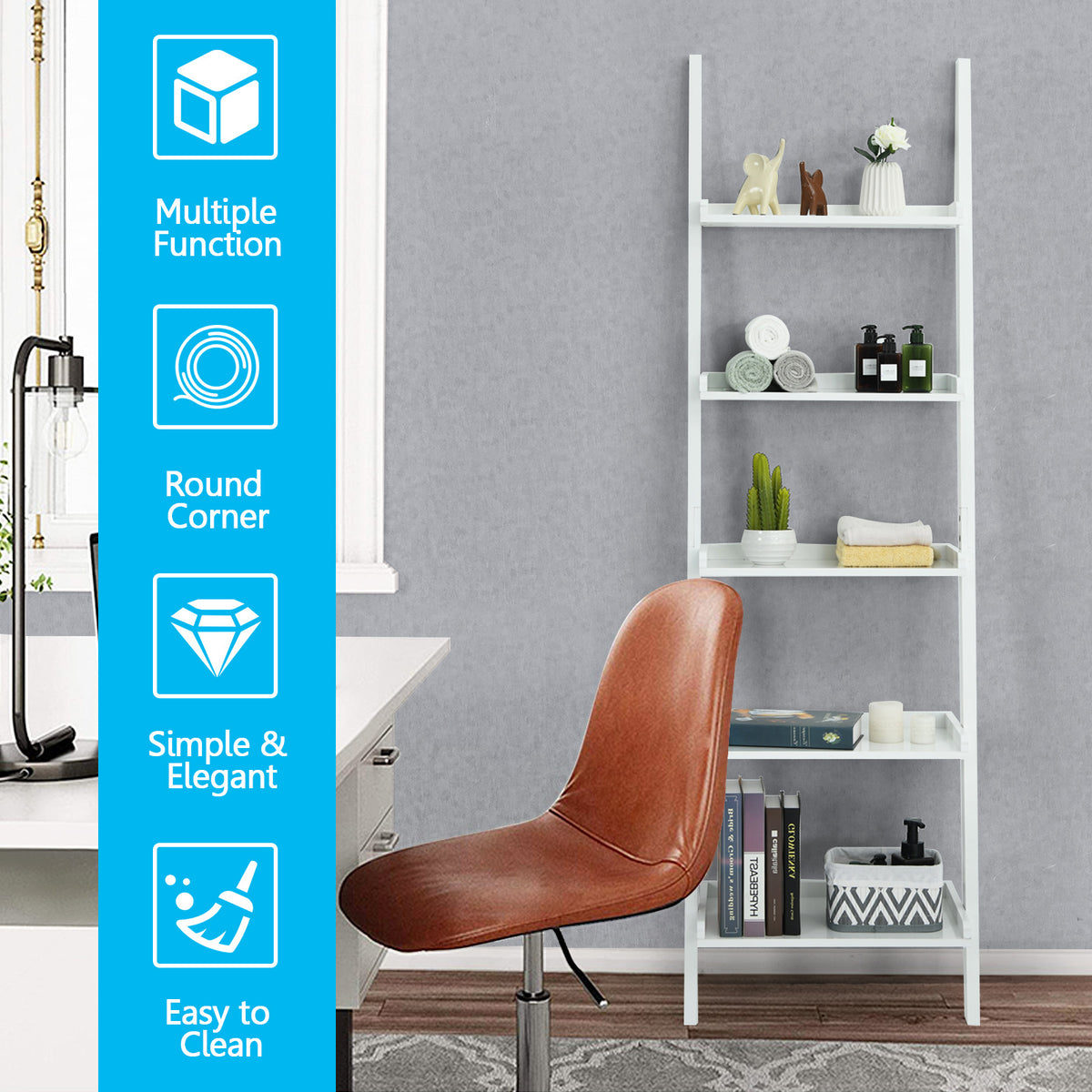 5-Tier Wall Shelf Display Bookcase-White