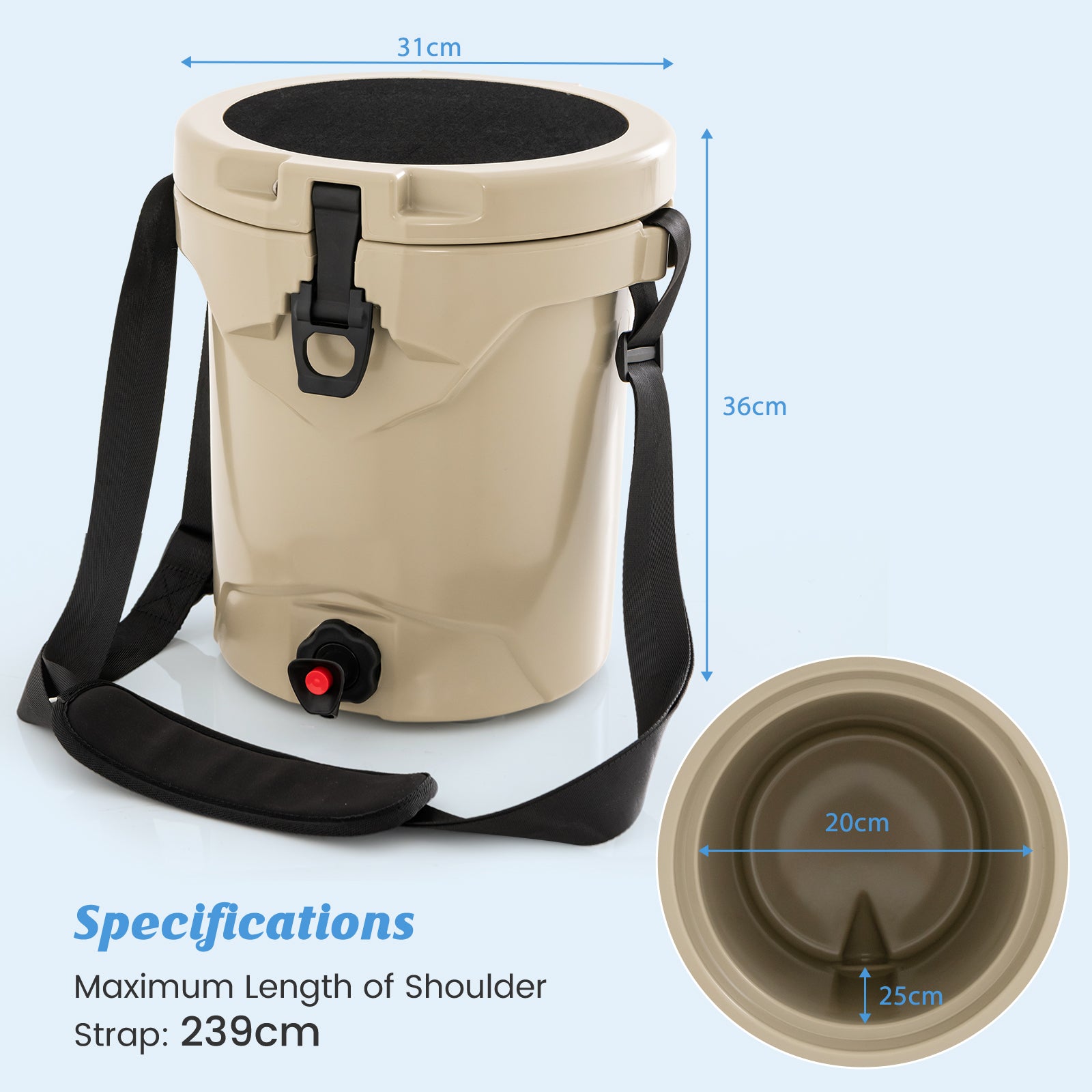 9.5 L Water Cooler Drink Cooler Insulated Ice Chest with Spigot and Shoulder Strap-Beige