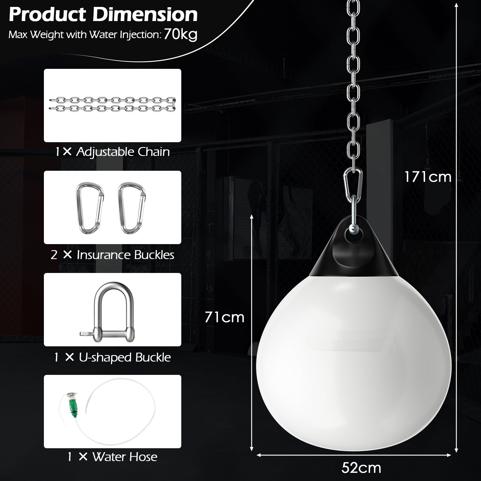 Water Punching Bag with Adjustable Metal Chain and Insurance Buckles-White
