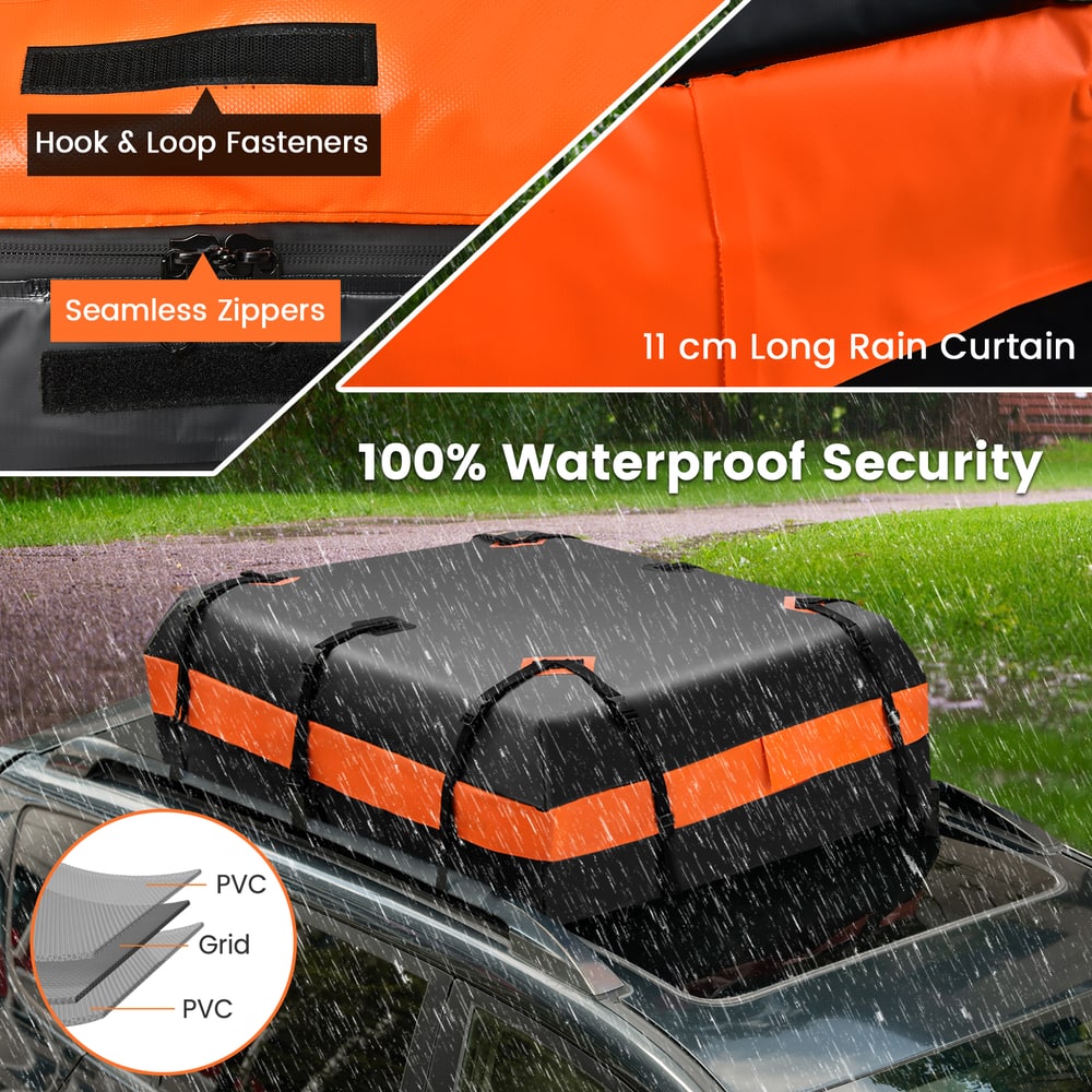 Close up of the waterproof rooftop luggage bag showing seamless zippers and rain curtain