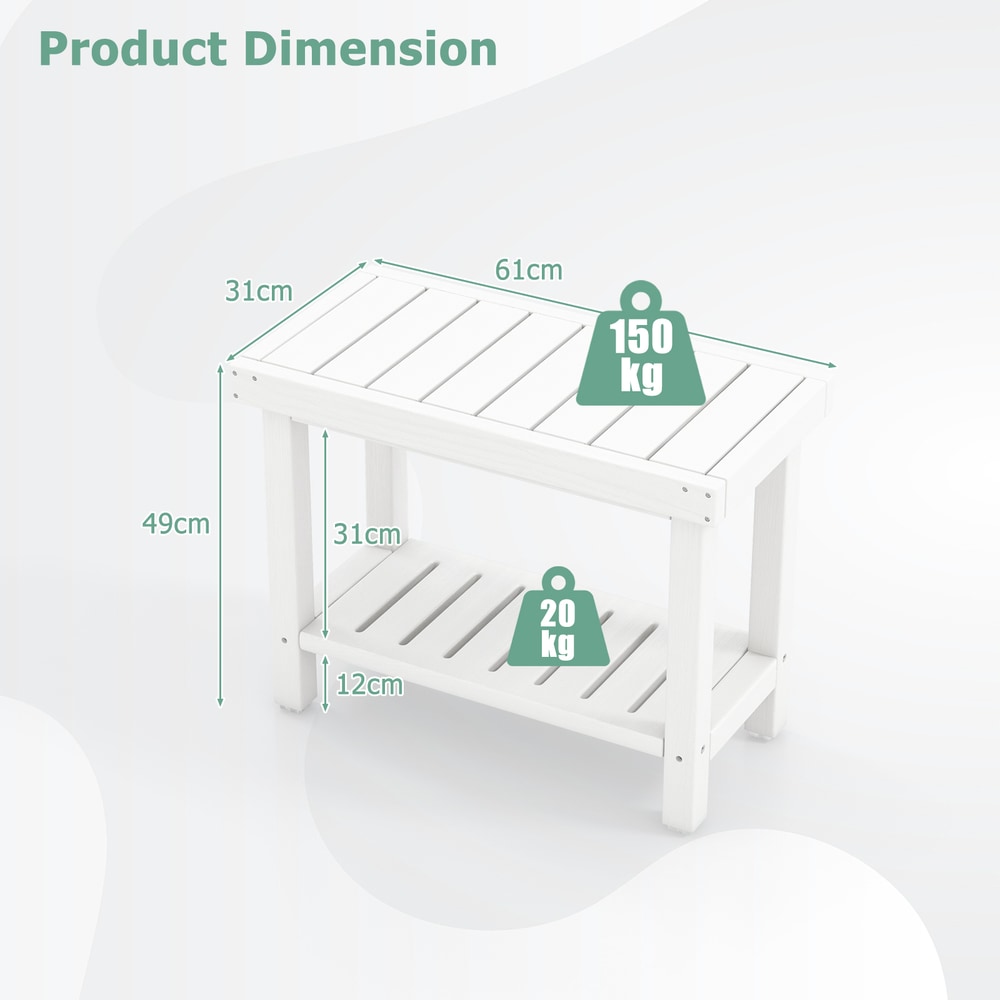 The shower stool with technical lines showing the height and width dimensions of the furniture