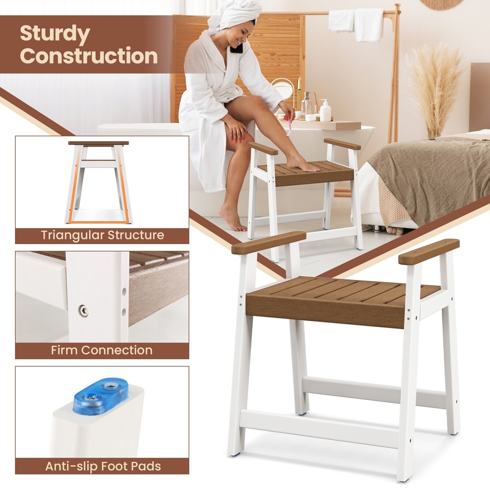 Waterproof HDPE Shower Bench with Armrests-Brown