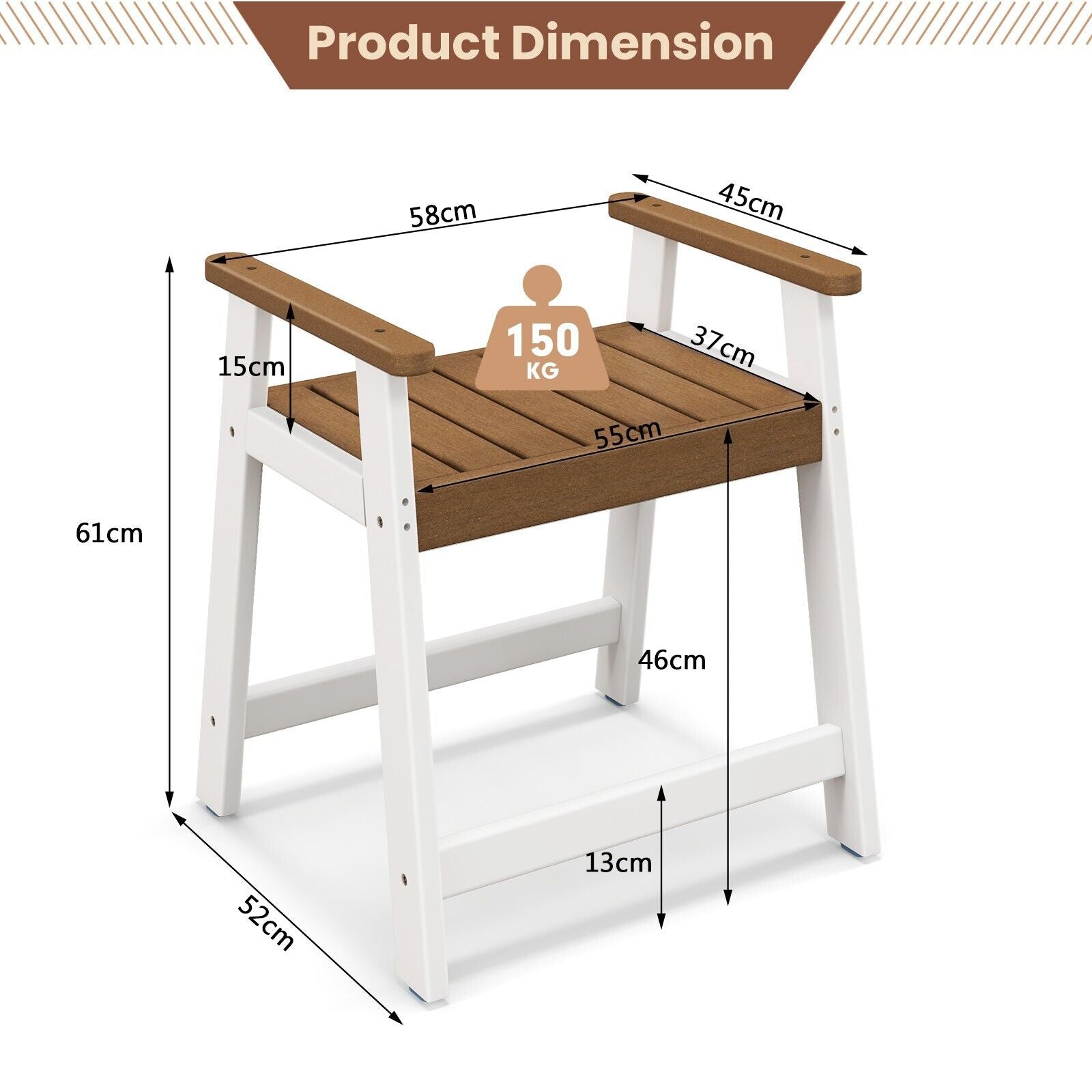 Waterproof HDPE Shower Bench with Armrests-Brown