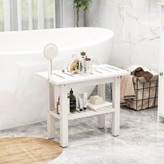 The shower stool placed in a modern bathroom next to a white bathtub with toiletries on top