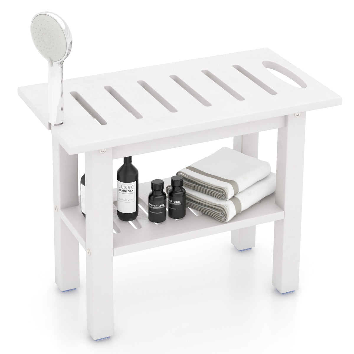 The shower bench featuring a handheld shower head attached to the side and bottles on the shelf