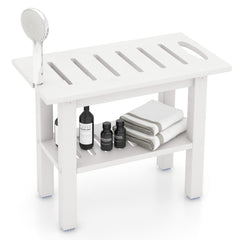The shower bench featuring a handheld shower head attached to the side and bottles on the shelf