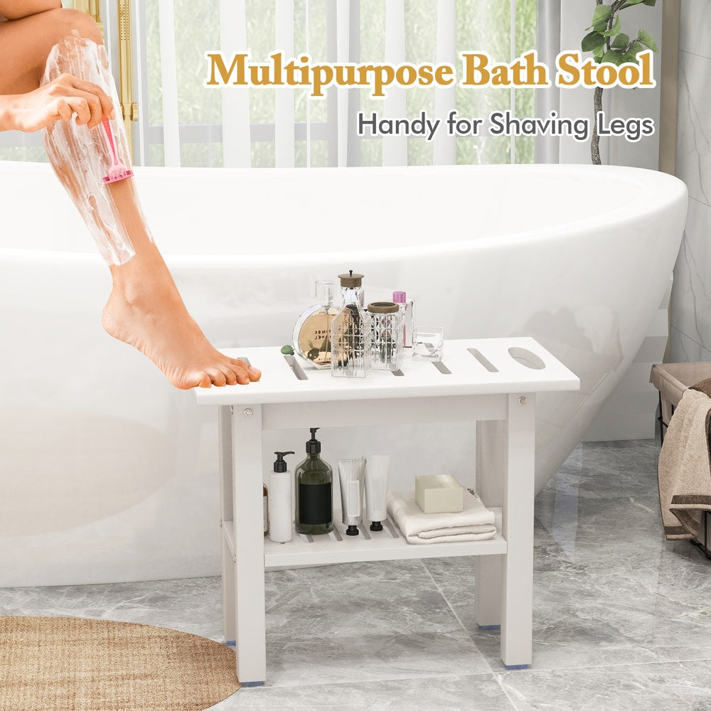 The shower stool being used as a footrest for shaving legs in a bathroom setting