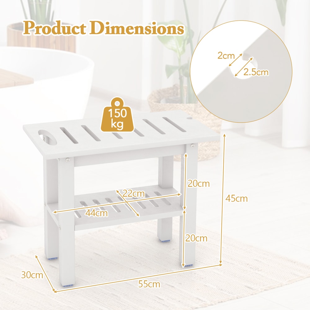 The bath safety stool showing various measurements and a weight capacity icon