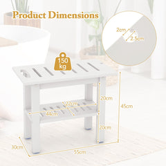 The bath safety stool showing various measurements and a weight capacity icon