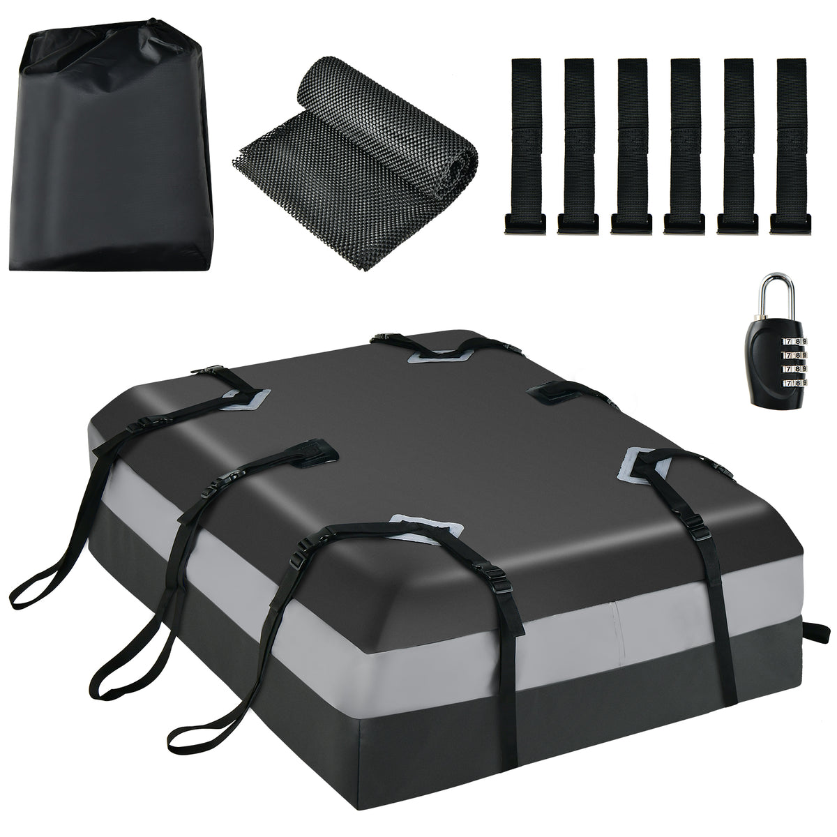 The garage storage bag shown with its included non-slip mat, straps, storage pouch and padlock