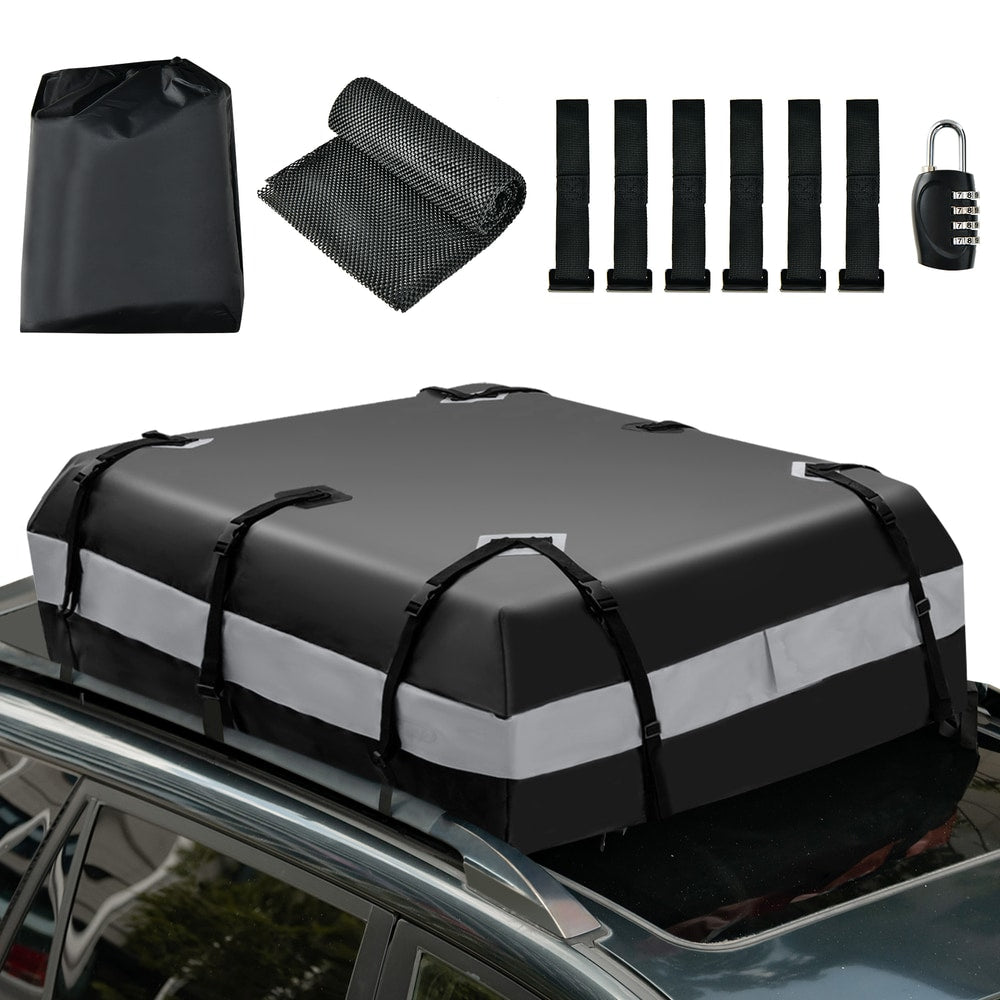 The rooftop luggage bag fitted to a car roof with its non-slip mat, straps and padlock