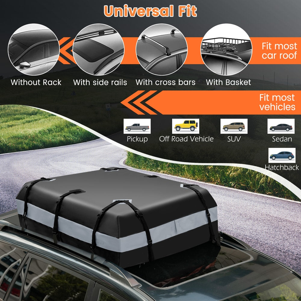 The rooftop luggage bag shown with different car roof types and vehicle silhouettes