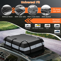 The rooftop luggage bag shown with different car roof types and vehicle silhouettes