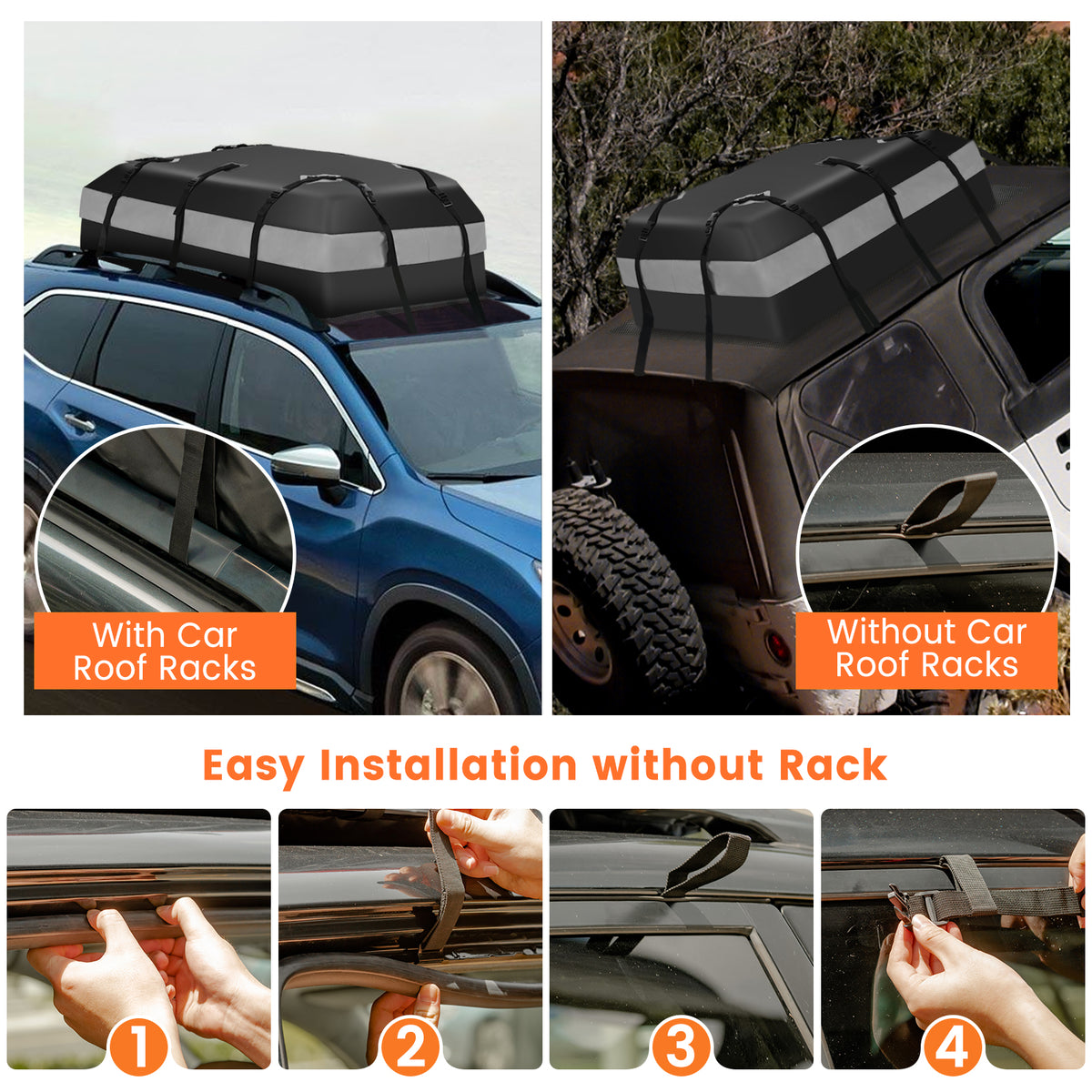 The rooftop luggage bag being attached to a car roof without roof racks using door hooks