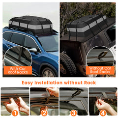 The rooftop luggage bag being attached to a car roof without roof racks using door hooks